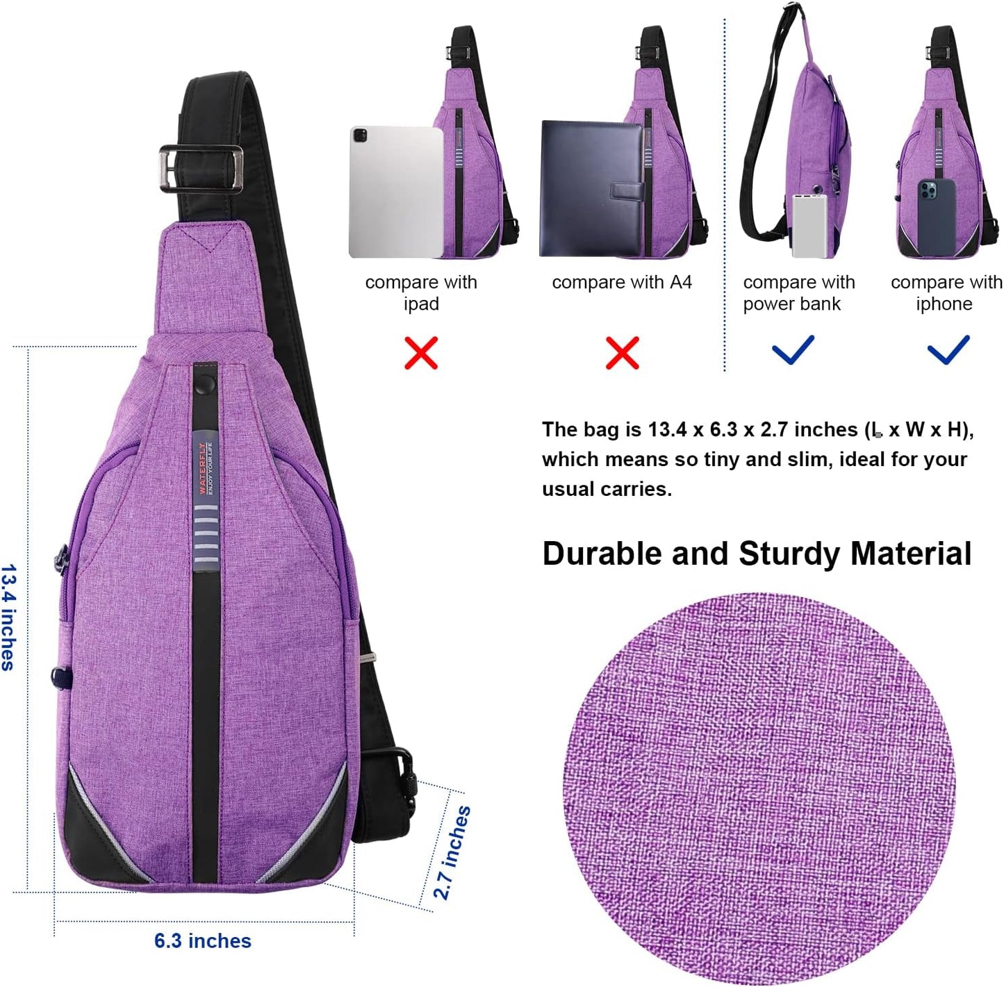 WATERFLY Small Crossbody Sling Backpack Anti Theft Backpack for Traveling Chest Bags for Men&Women Multipurpose Casual Daypack Hiking Shoulder Bag (Black)