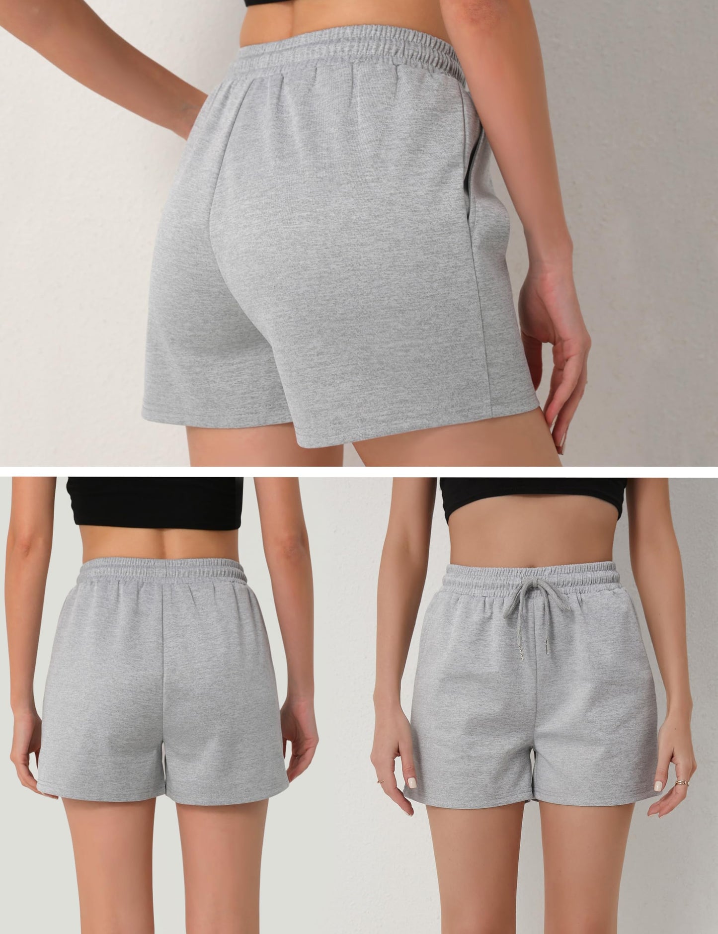 FEQO 2 Pack Women's Sweat Shorts with Pockets Drawstring Workout Lounge Shorts Casual Summer Running Clothes, Black & Gray, L