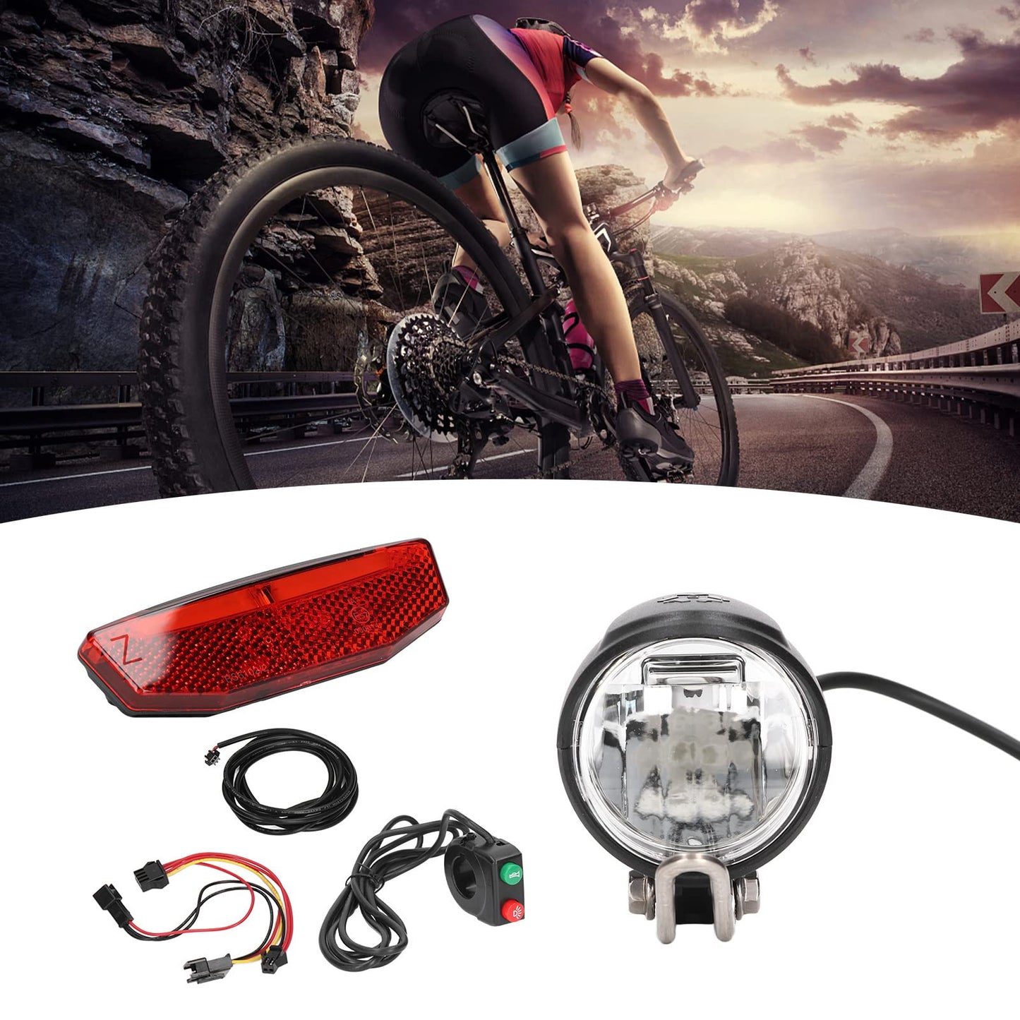 Bike Headlight and Tail Light Kit, Electric Bike Horn Headlight and Tail Light Kit DK11 Aluminum Alloy Plastic Electric Bike Lights Set for Upgrade