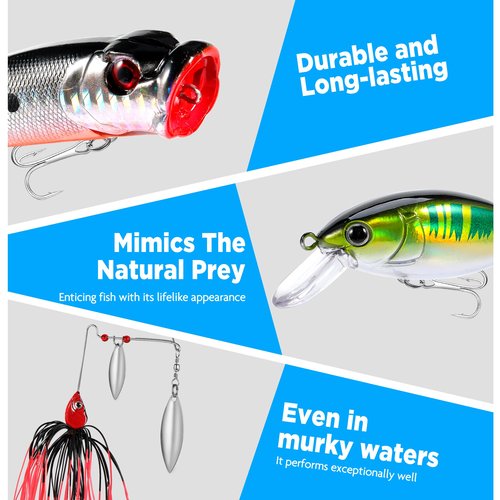 PLUSINNO Fishing Lures Tackle Box Gifts for Men, Bass, Trout Fishing Gear for Saltwater & Freshwater Including Topwater Lures, Hooks, Spinnerbaits