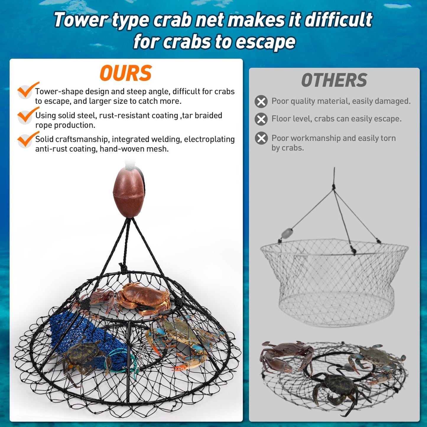 QualyQualy Crab Ring Trap Net, Ring Crab Kit Lobster Hoop, Portable Folded Crab Cage, Crabing Accessories with Bait, Heavy Crab Nets for Crabbing, 32" x16.5'', 2 Pack