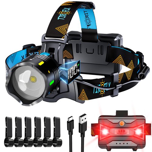 TIROFLX 12 Modes 4000 Headlamp Motion Sensor Red Warning Adjustable Focus Energy Saving, More Than 95 Hour Standby Head Lamp, IP65 Waterproof and 125° Head Light for Camping Hiking Hunting Hardhat