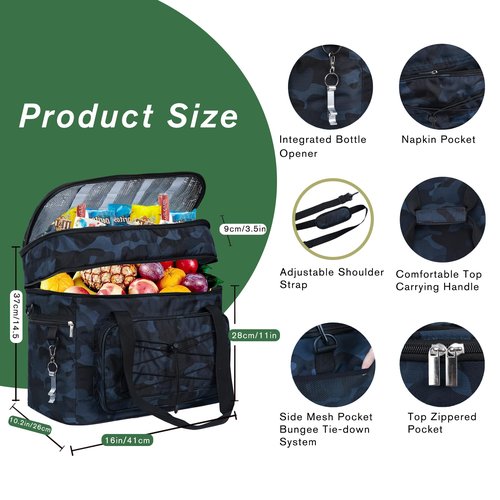 Soft Collapsible Insulated Sided Cooler - 60 Can Large Leakproof Picnic Beach Meal Prep Portable Travel Cooler for Shopping, Kayaking, Road Trips
