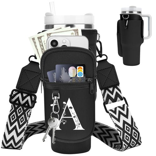 LOKASS for Stanley Cup Accessories 40 oz Water Bottle Carrier Bag with Phone Pocket for Stanley Tumbler Holder with Strap, Personalized Gifts with Floral Initial A-Z for Women/Girls/Stanley Cup Fans