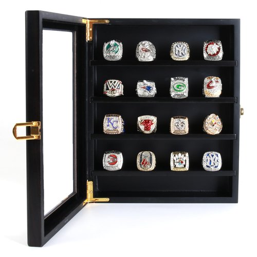 RECHIATO Championship Ring Display Case baseball Ring display Wooden Box Display Case for Sports Rings (12 Holes, Red)