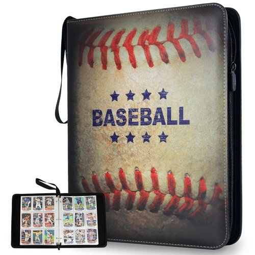 Baseball Card Binder 900 Pockets, 50 Pages, 3 Ring Trading Zipper Binder w/Strap, Large Storage, 9 Pocket Organizer Sleeves, Metal Release Tabs, Leather, Baseball Card Holder, Sports Collectors Gift