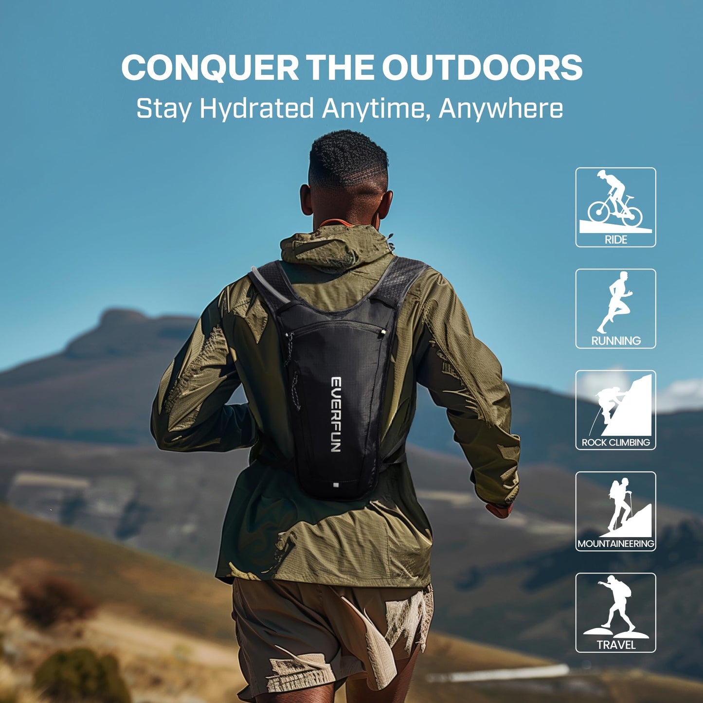 EVERFUN Hydration Backpack Running Vest Small Hiking Water Backpack with 1.5L Water Bladder for Women Men, Lightweight Reflective Dayhike Hydro Pack for Trail Running, Biking, Race, Marathons, Black