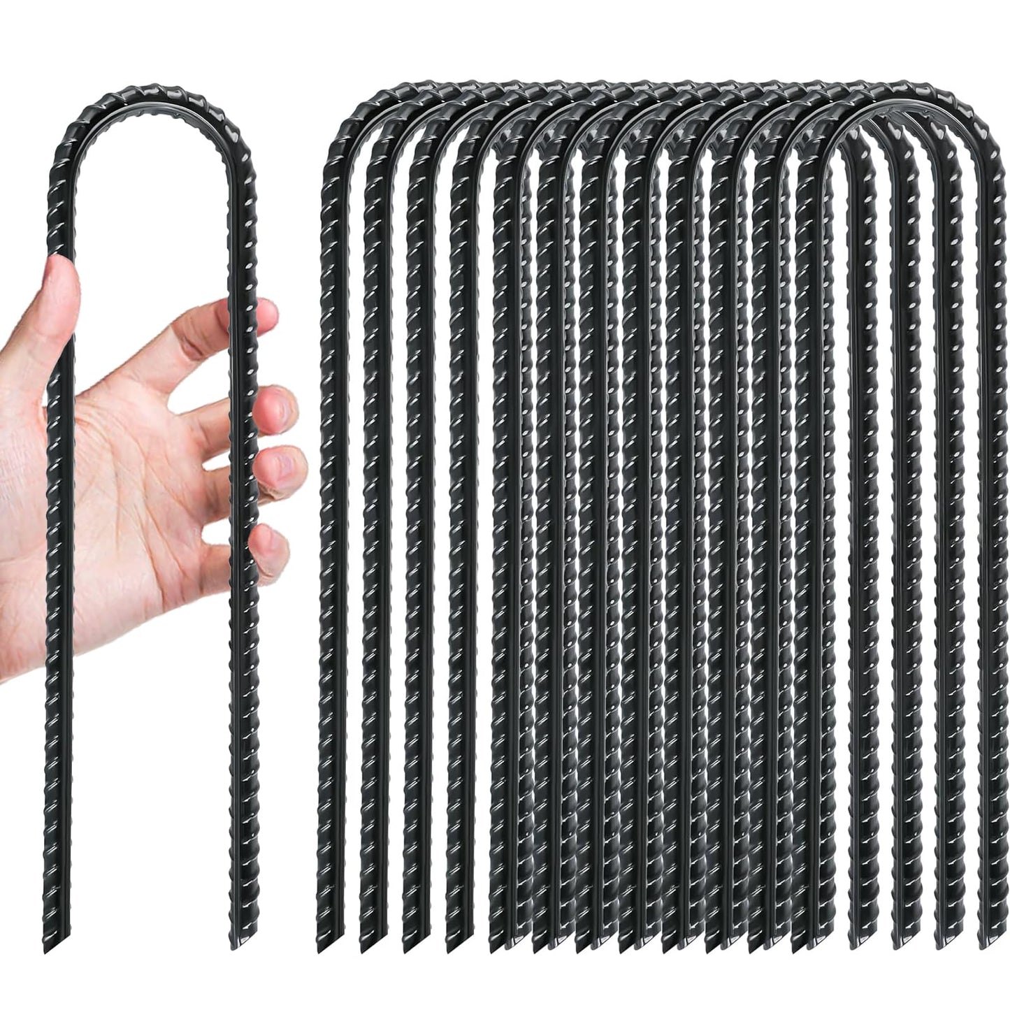 Gtongoko 8 Pack Trampoline Stakes, Trampoline Accessories, 12 Inch Ground Stakes Heavy Duty, Ground Anchors Screw in, Rebar Stakes, High Wind Tent Anchors, Galvanized Steel, U Shaped, Black