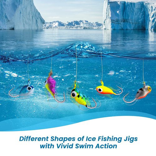 Goture 50pcs Ice Fishing Jigs Kit, Winter Ice Fishing Lures for Panfish, Pike, Trout, Walleye, Crappie, Ice Fishing Tackle with Black Nickel Carbon Steel Hooks in Ice Fishing Lures Box Color A&B