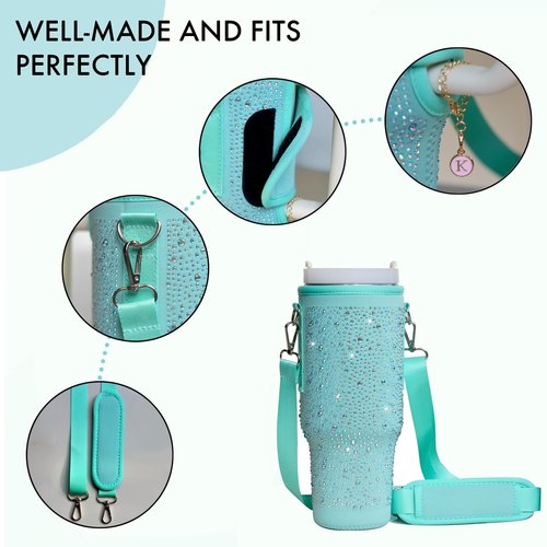 FLWVOG Bling Stanley Cup Bag, Stanley Purse Water Bottle Carrier with Strap Stanley Cup Holder with Phone Pocket for Stanley 40 oz (Green)