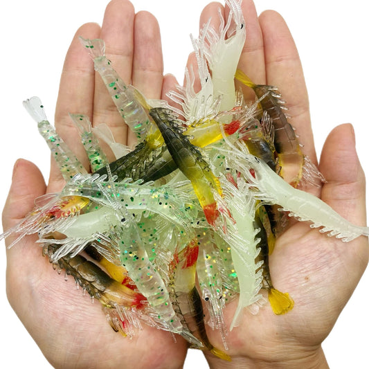 DAMIDEL 30Pcs Simulation Fishing Soft Plastic Lures Bait Kit, Lumionous Shrimp Lures Set, Universal Size 3.2in, 1/8oz, Bass Fishing Tackle