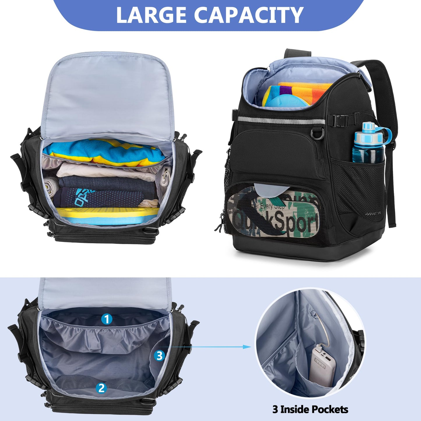 GOBUROS Swim Backpack with Separate Shoe Space, Swim Gear Bag for Swimming Pool, Beach, Swimming Athlete Sports Backpack for Men and Women, Black