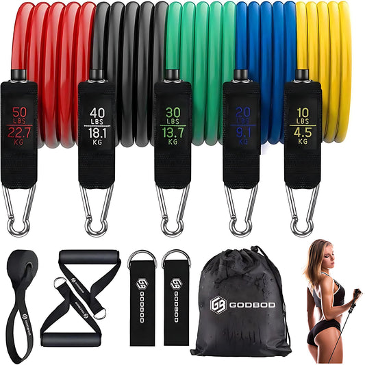 GODBOD 11-Piece Resistance Bands Set – Heavy-Duty Exercise Bands with Handles, Door Anchor, Ankle Straps, and Carry Bag for Strength Training, Yoga, Pilates, Physical Therapy, and Home Workouts