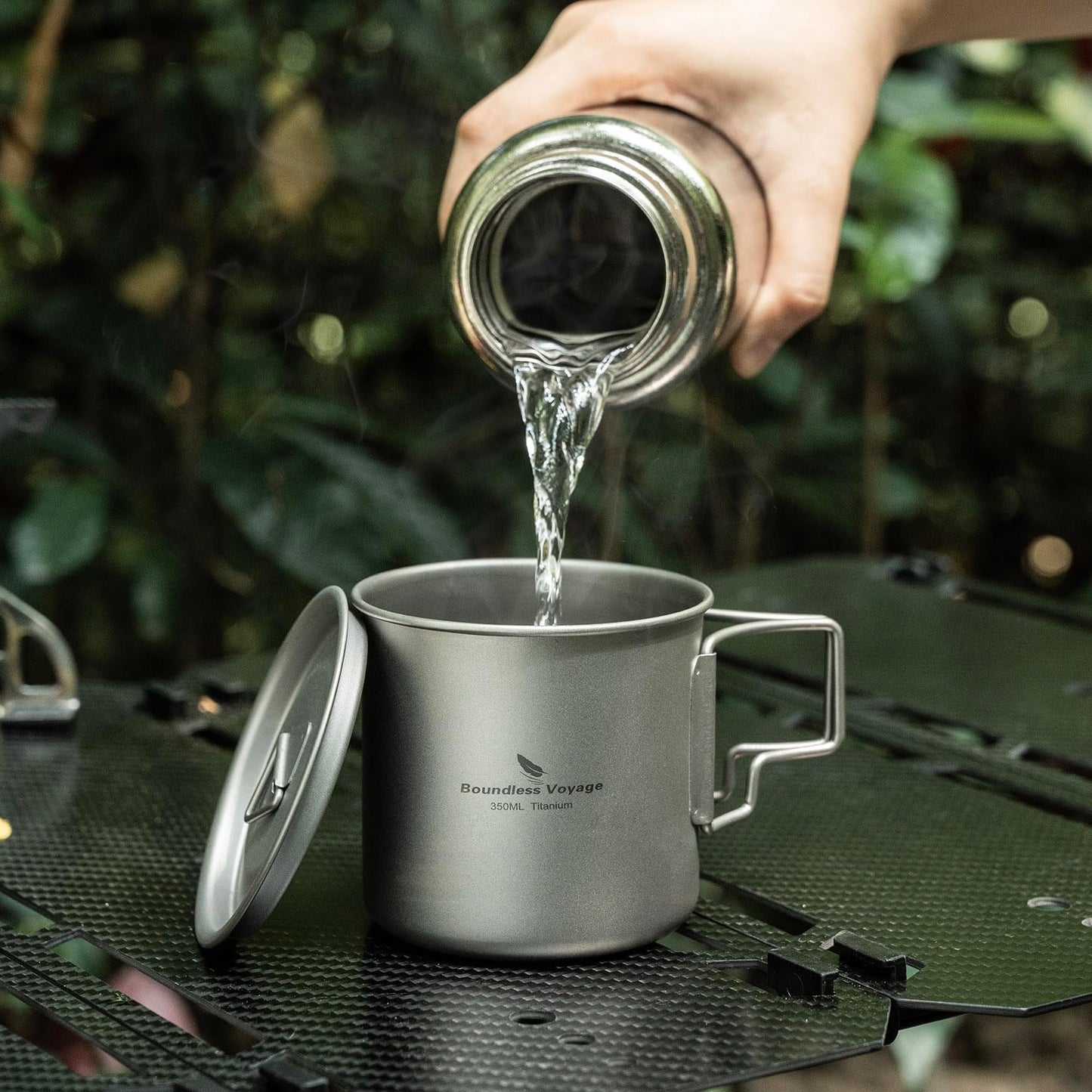 iBasingo 350ml Titanium Cup with Lid Foldable Handle Single-walled Camping Mug Lightweight Portable for Outdoor Drinking Drinkware US-Ti3058D