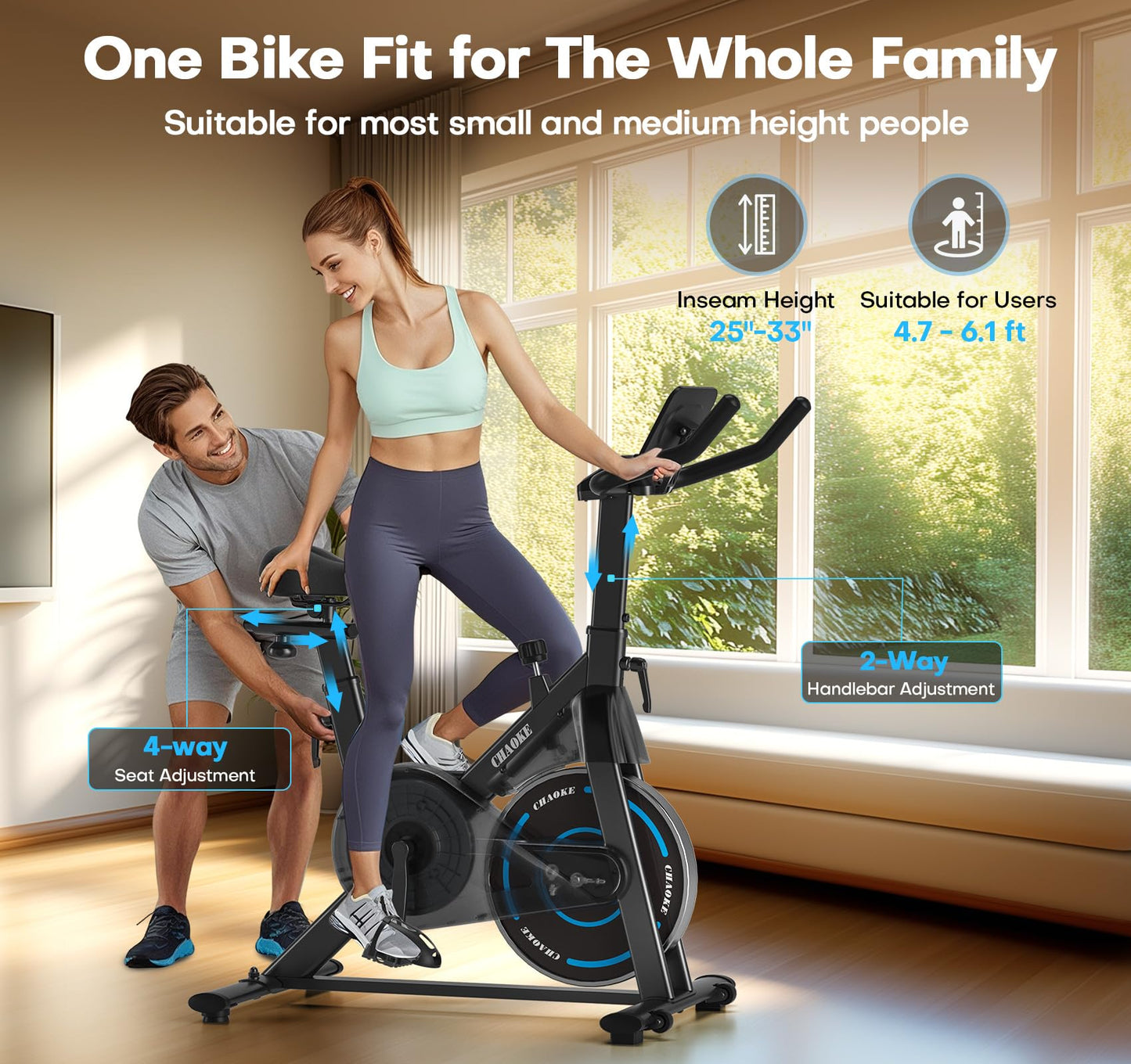 Exercise Bike, CHAOKE Quiet Magnetic Resistance 300LB Capacity Stationary Bike for Home with App Compatible, Indoor Bike with Comfortable Seat and Digital Display