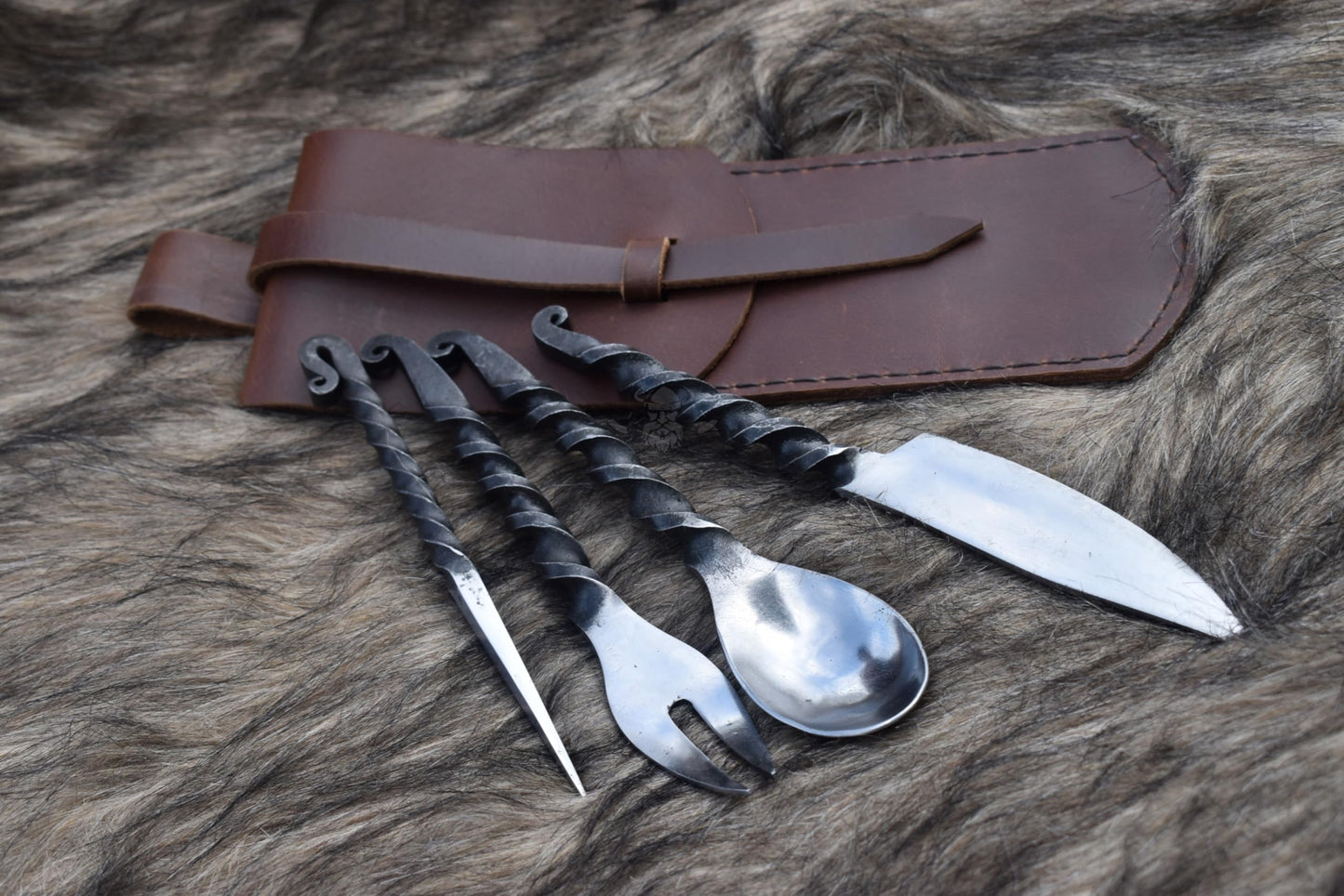 Viking Traders Hand Forged Twisted Medieval Eating Utensil Set | Functional Fork Knife Spoon And Food Stick | Medieval Eating Set, With Genuine Leather Carrying Pouch - Set 4