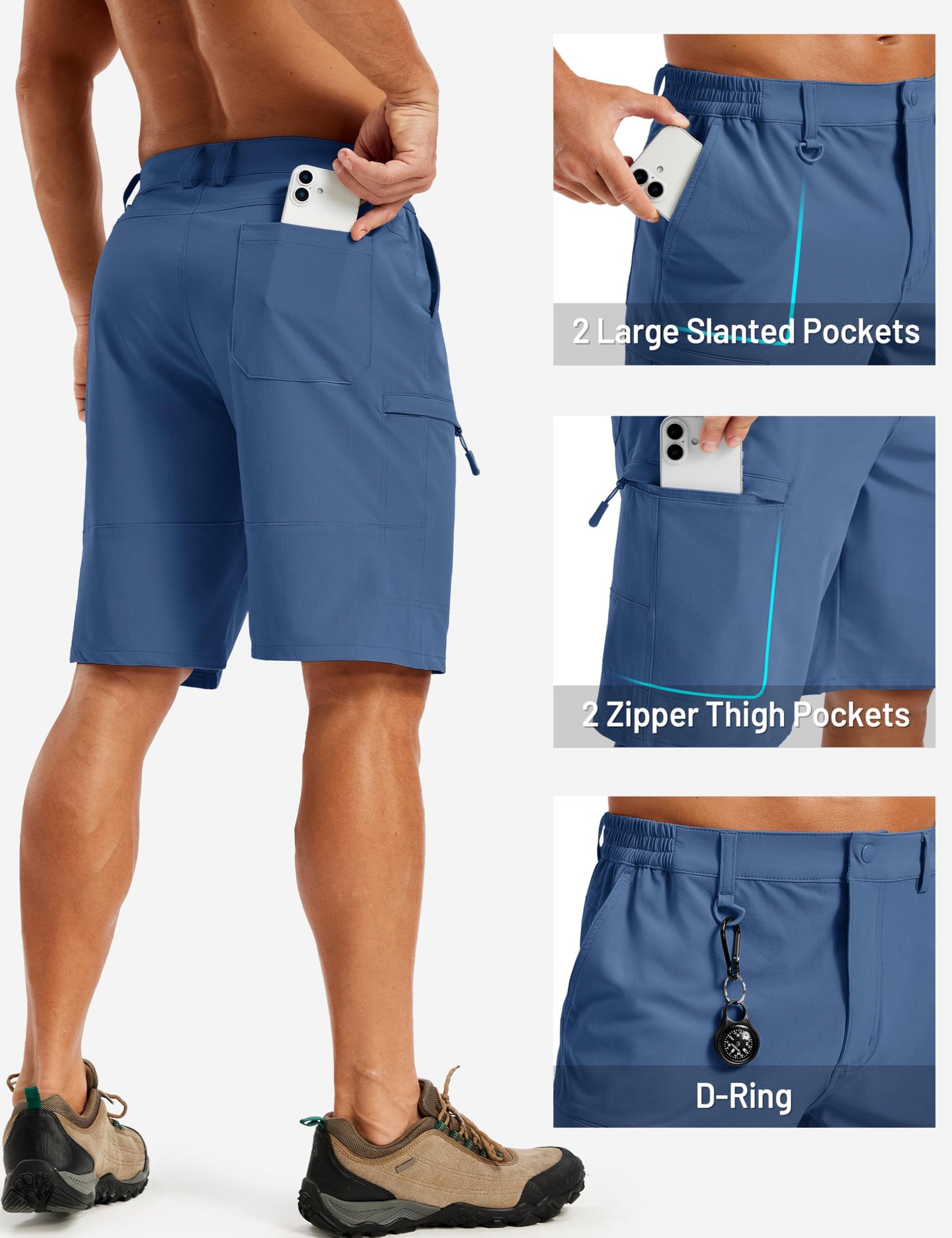 TACVASEN Mens Hiking Shorts Quick Dry Golf Cargo Lightweight Elastic Waist Travel Fishing Shorts with Pockets Blue Grey