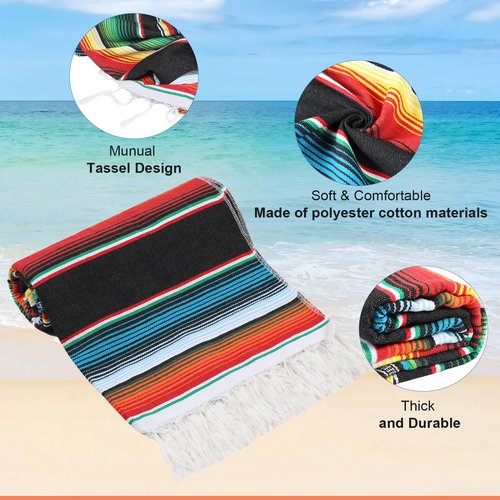 Tudomro 10 PCS Large Authentic Mexican Blankets Colorful Mexican Striped Throw Blankets Serape Fiesta Beach Fringe Yoga for Home Office Camping Picnic (Rainbow)