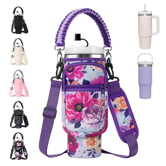 AceTreker 40 oz Stanley Tumbler Sleeve Bag with Paracord Handle & Straw Cap, Neoprene Vacuum Insulated Travel Mug Carrier Pouch with 2 Pockets & Shoulder Strap for Car Home Work-Purple Rose