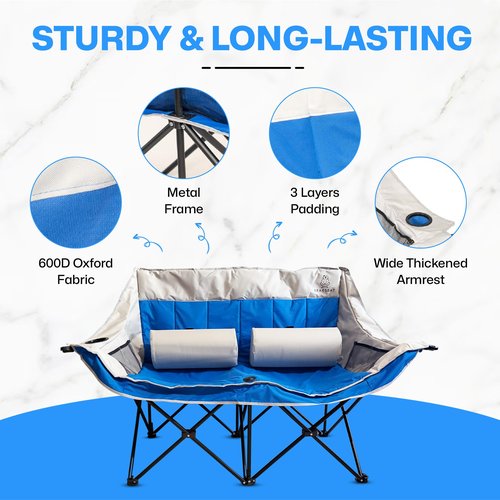 BEARSEAT Double Camping Chair – Foldable Chair with Lumbar Support Cushions and Carry Bag – Padded Portable Heavy-Duty Loveseat with 4 Mesh Pockets, 2 Cup Holders, Wine Glass Holder
