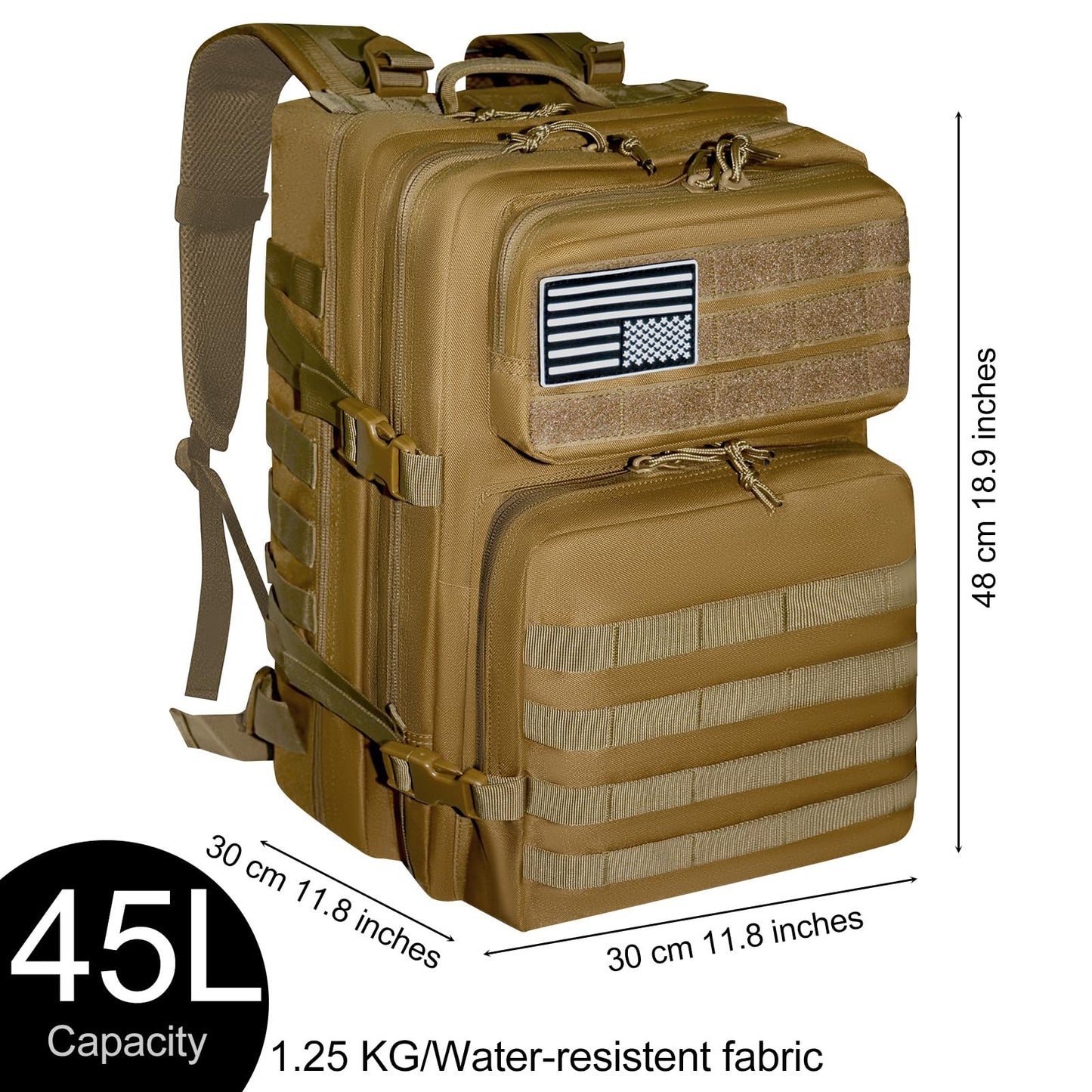 Fortune Edge Military Tactical Backpack for Men and Women Molle 45L Large Army 3 Days Assault Pack Bug Out Bag Water Resistant and Heavy Duty Hiking Camping Treeking Rucksack -Tan