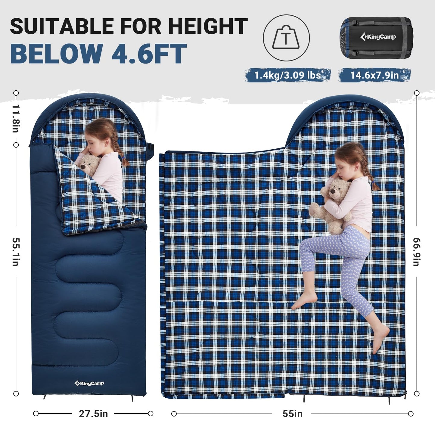 KingCamp 45°F Kids Sleeping Bag, Lightweight Waterproof & Compact Flannel Sleeping Bags Cold Weather & Warm Youth Essentials Gear Accessories for Camping, Fits 10-12 Children up to 5'5" Tall