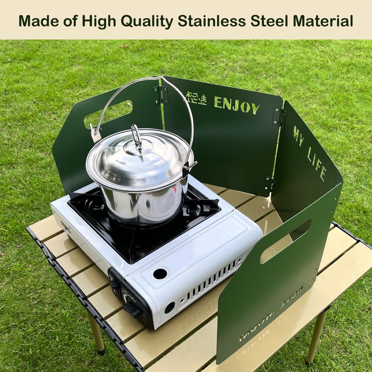 Keopuals Stove Windscreen - Folding Camping Stove Windshield 4 Plates Stainless Steel Stove Windscreen for Outdoor, Picnic, Backpacking and Cooking Green