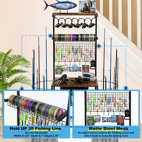 SINGBLA Fishing Rod Holders for Garage,Large Capacity Fishing Pole Holders for Garge, Holds 24 Fishing Rod Tackle Storage, Fishing Rod Tackle Fishing Gear and Equipment Organizer, Brown