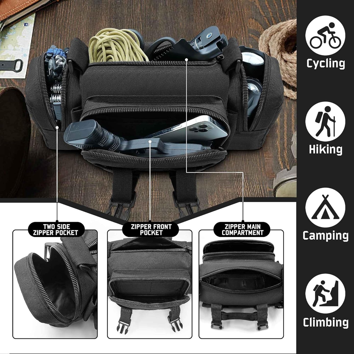 3P Military Duffel Waist Bag, Molle Bicycle/Motorcycle Waterproof Fanny Packs Camera Bag Camo EDC Utility Pouch Crossbody with Shoulder Strap Hand Carry