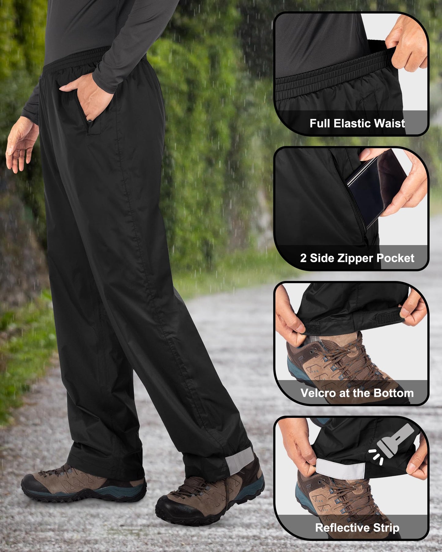 33,000ft Packable Rain Pants for Men Waterproof Hiking Pants Lightweight Rain Pants Outdoor Windproof Pant for Golf, Fishing Black