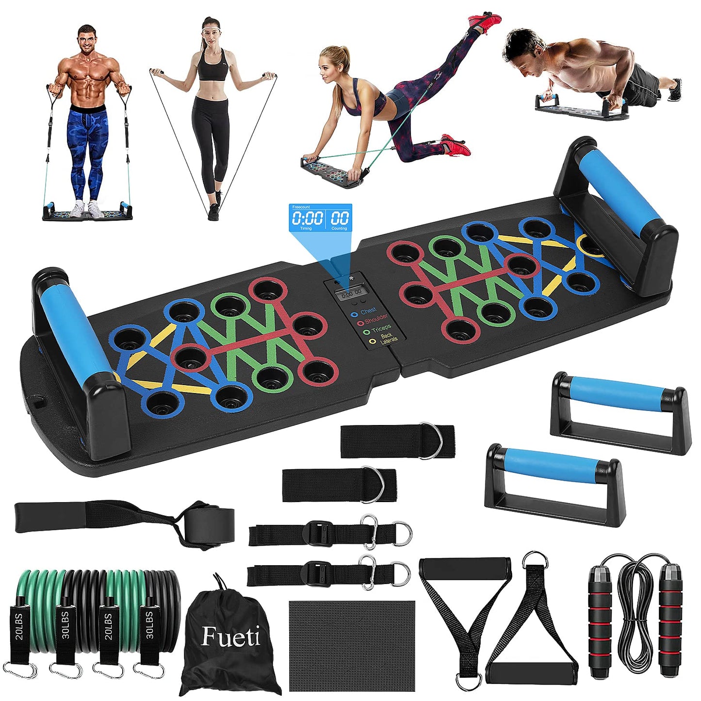 Fueti Home Gym Equipment, with Automatic Count Push Up Board, 30 in 1 Home Workout Set with Foldable Push Up Bar, Resistance Band, Jump Rope, Drawstring Bag, Back, Abdominal Workout