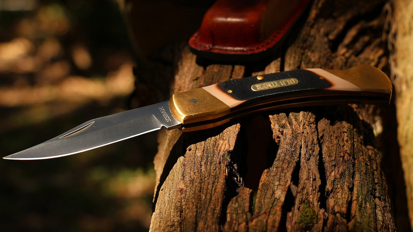 Old Timer 7OT Cave Bear Traditional Lockback Pocket Knife with 3.9in High Carbon Stainless Steel Blade, Sawcut Handles, and Leather Belt Sheath for Hunting, Camping, Whittling, EDC, and Outdoors