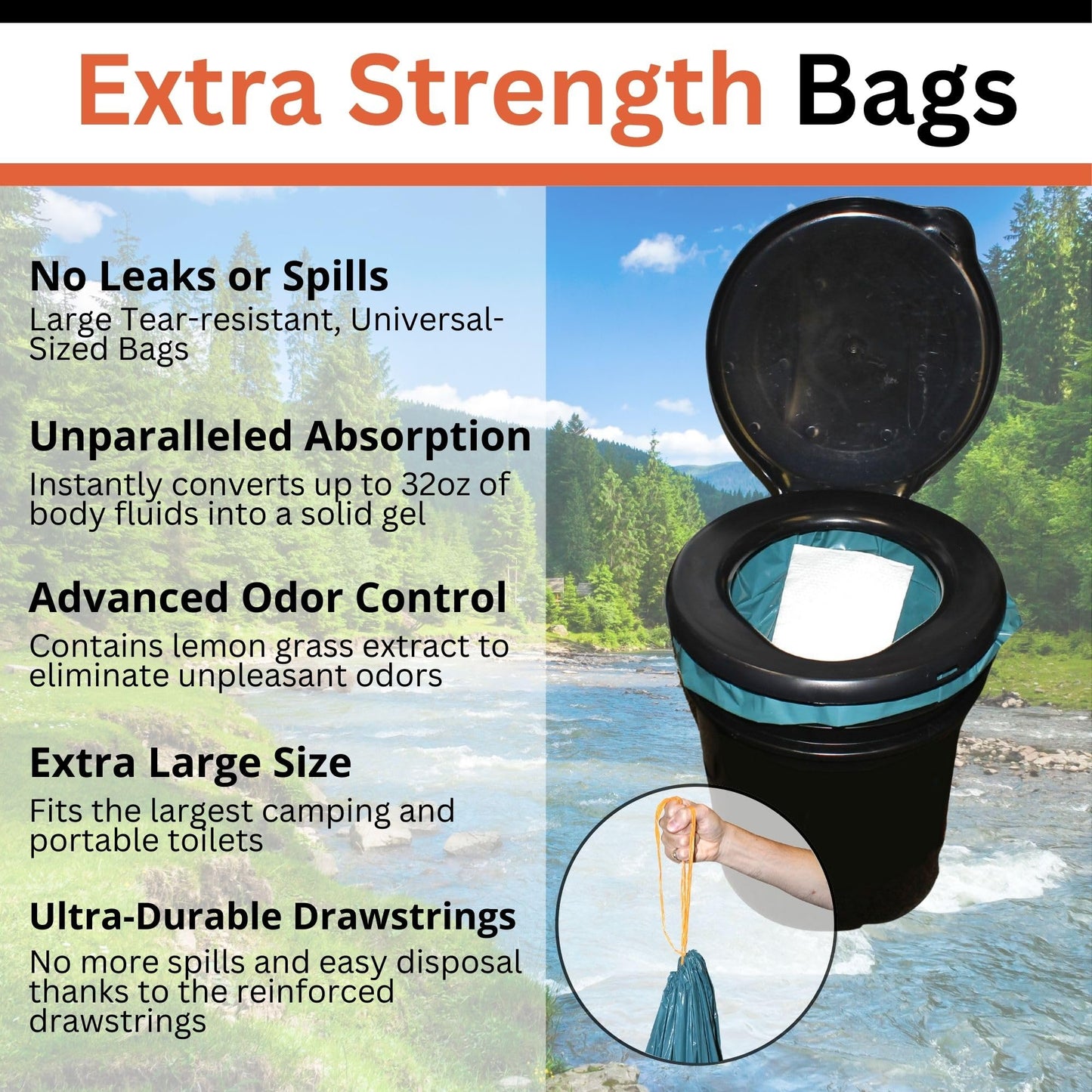 Portable Toilet Waste Bags Extra Strength with Super Absorbent Pad (12 Count) - With Advanced Odor Control System - Extra Large - Fits All Buckets and Camping Toilets (Extra Strength, 12)
