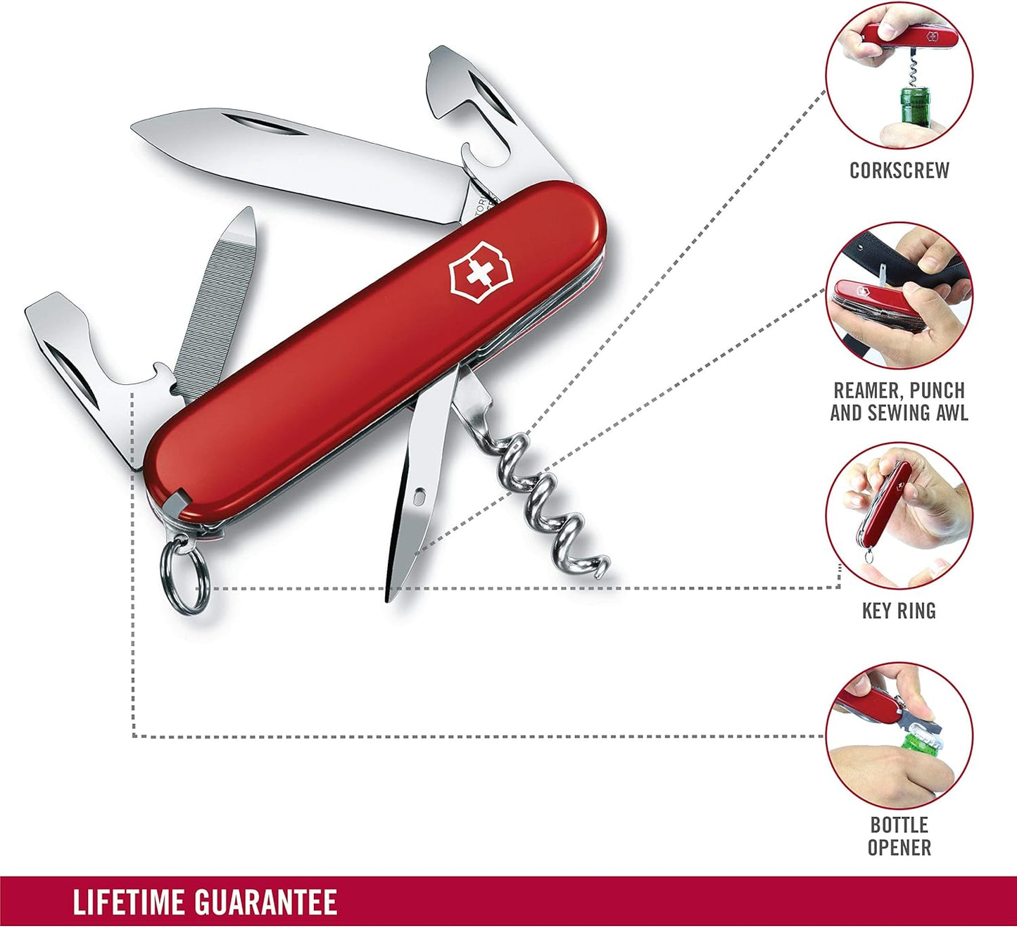 Victorinox Sportsman Swiss Army Knife, 13 Function Swiss Made Pocket Knife with Large Blade, Corkscrew and Wire Stripper - Red