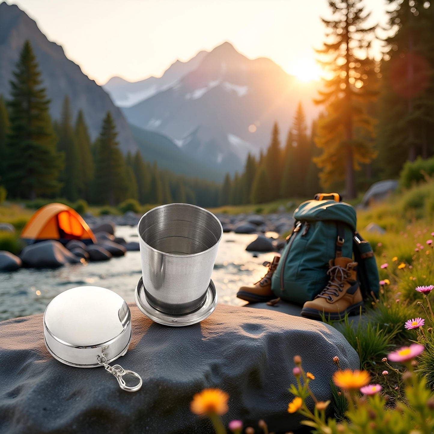 GANPUB 1Pc Silver Stainless Steel Folding Camping Mug Collapsible Portable Cup with Keychain for Outdoor Activities Hiking Picnic(Large), Camp Kitchen