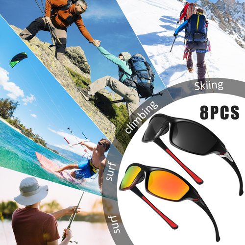 Cindeer 8 Pairs Polarized Sunglasses for Men and Women Sun Glasses with UV Protection Sport Sunglasses for Outdoor Activities (Red, Gray)