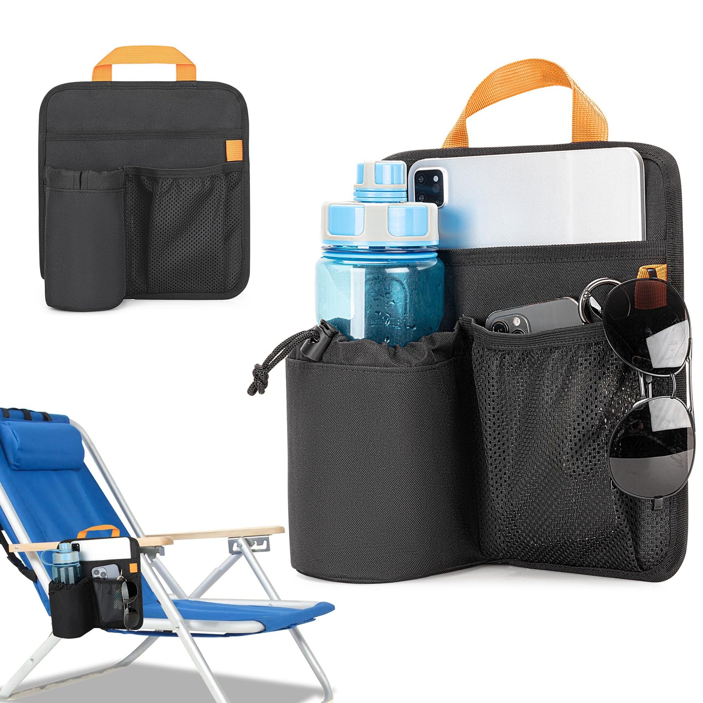 GRAOSO Beach Chair Cup Holder, Chair Side Organizer Easily Attached to Armrest with 2 Self-Adhesive Fastener Strap, Hanging Chair Attachment for Water Bottle, Sunglasses, Phone, Snack, etc..