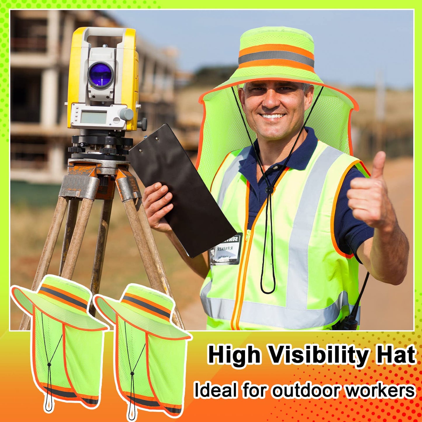 Jexine 10 Pcs High Visibility Reflective Hat with Neck Flap Safety Sun Hat for Men Bucket Cap Boonie Hats Bulk(Yellow, Orange)