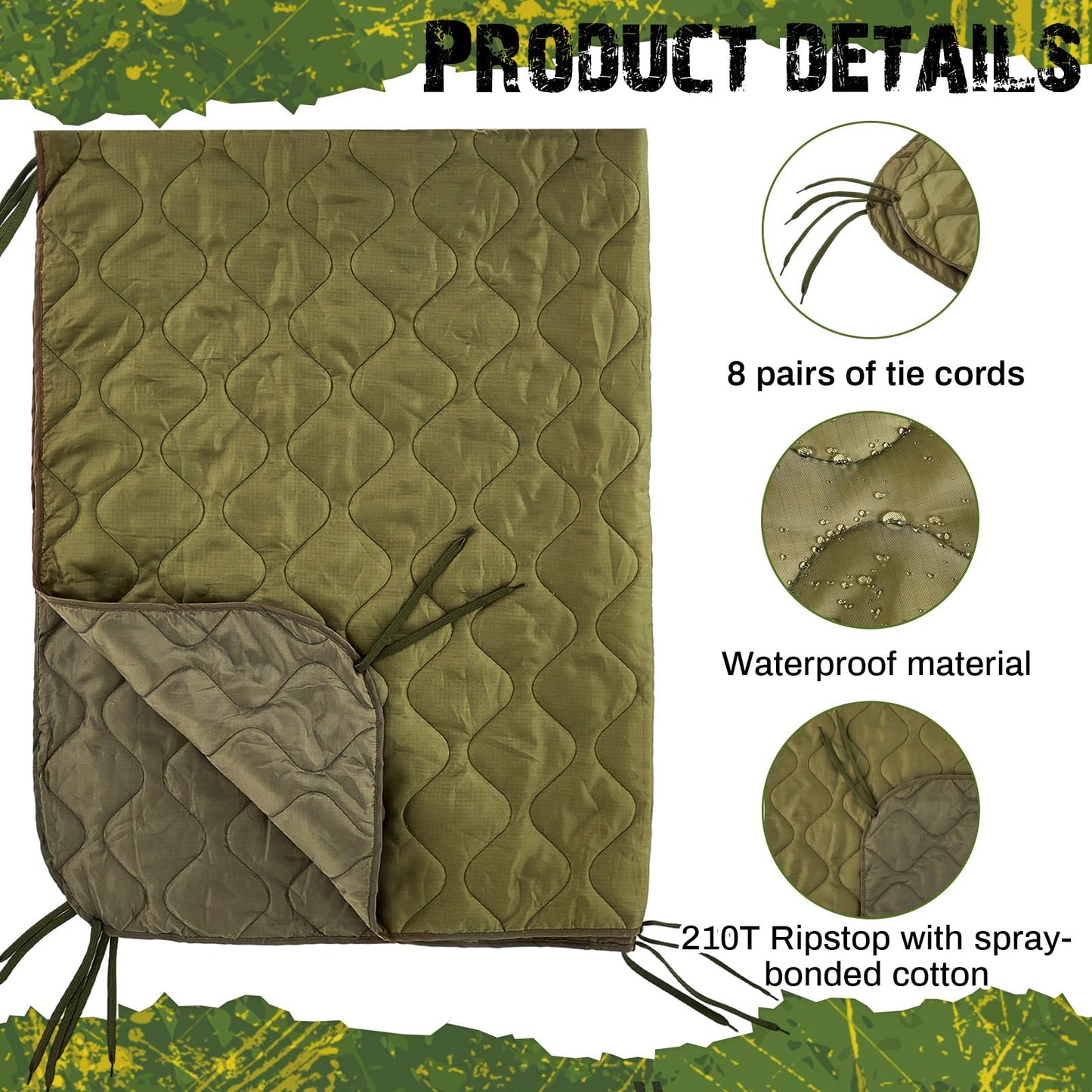 Barydat 3 Pack Woobie Military Poncho Liner 80 x 60 Inch Woobie Blanket Waterproof Thermal Poncho Liner with Bag Camo for Outdoor Camping Hunting Hiking (80 x 60 Inch,Green)