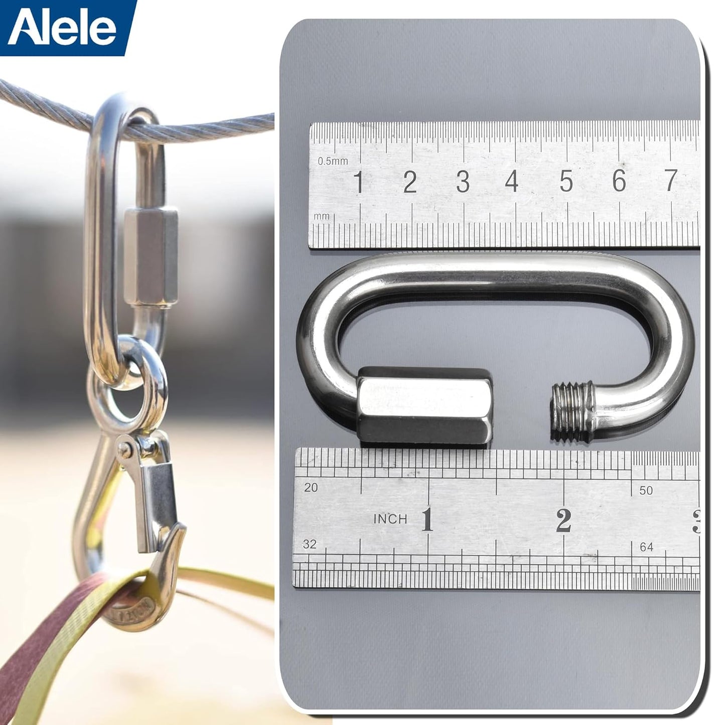 Alele D-Shape Locking Carabiner M4 Stainless Steel Quick Link Chain Connector Keychain Ring Buckle 10 Pack