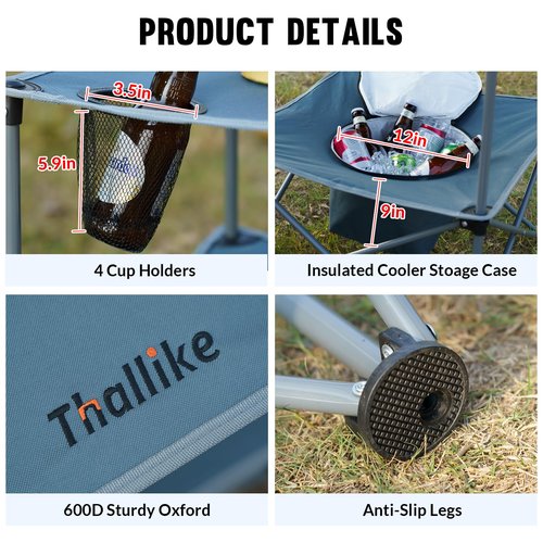 Thallike Portable Picnic Camping Table with Cooler, Folding Beach Table with 4 Tear Resistance Cup Holders, Tailgating Table Carry Bag for Travl, Beach, Summer Cookout Essential (Grey)