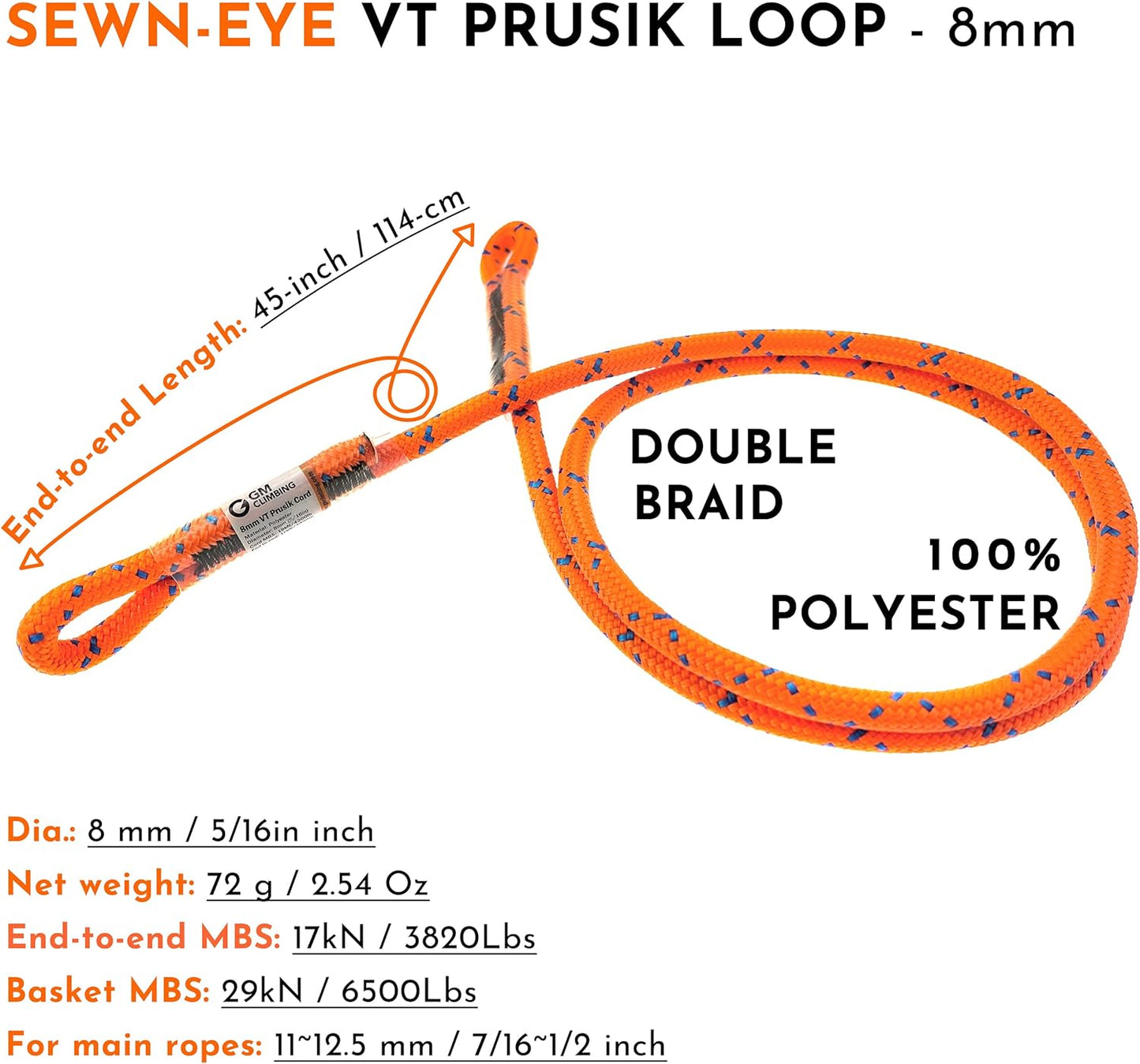 GM CLIMBING 8mm (5/16") Prusik Swen Eye-to-Eye Pre-Sewn 30 inch / 45 inch