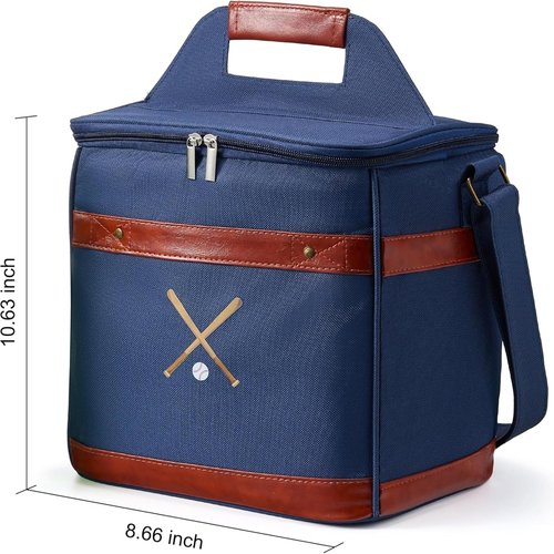 Premium Insulated Cooler, Baseball Soft-Sided Bag - Lunch, Beer & Drink Carrier for Tailgating, Game Day, Golf & Outdoor Sports - Holds 12 Bottles, 18 Cans - Leather Accents, Shoulder Strap (15L)