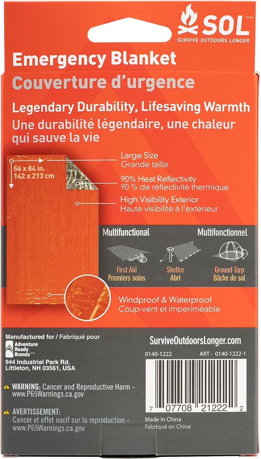 S.O.L. Survive Outdoors Longer Emergency Blanket, Model Number: BMC0140-1222