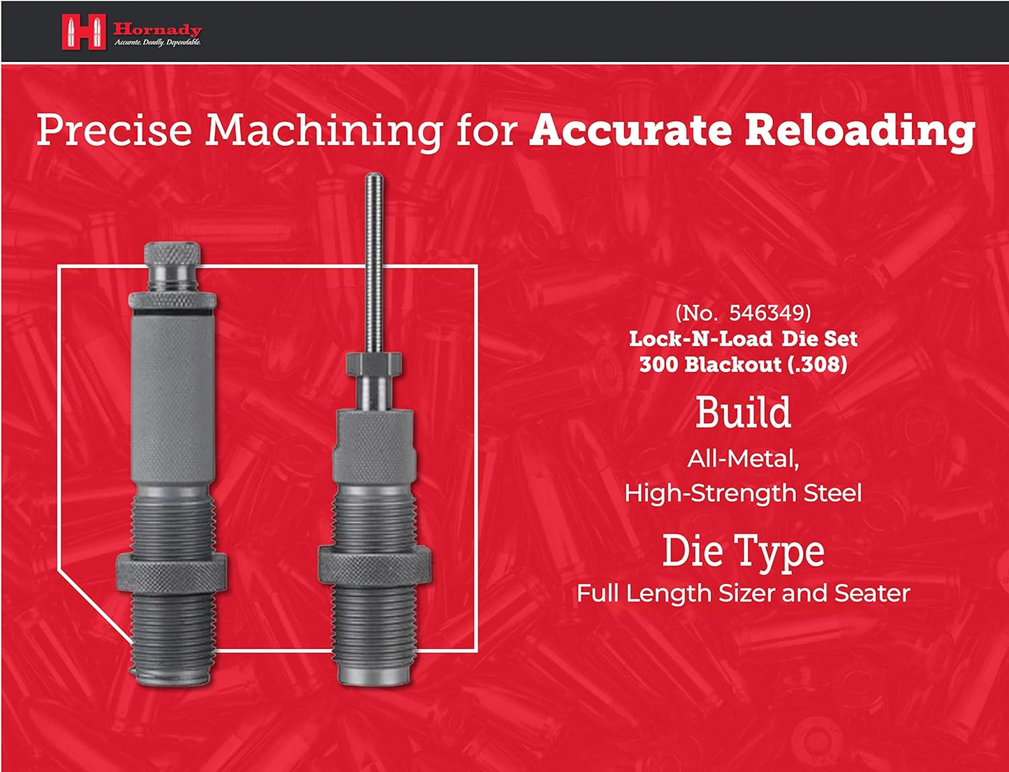Hornady Custom Grade New Dimension 2-Die Set, 300 BLACKOUT (.308) (546349) - Caliber Specific Reloading Equipment for Handloaders with Full Length Sizer Die, Seating Die, Sure-Loc Rings, & Storage Box
