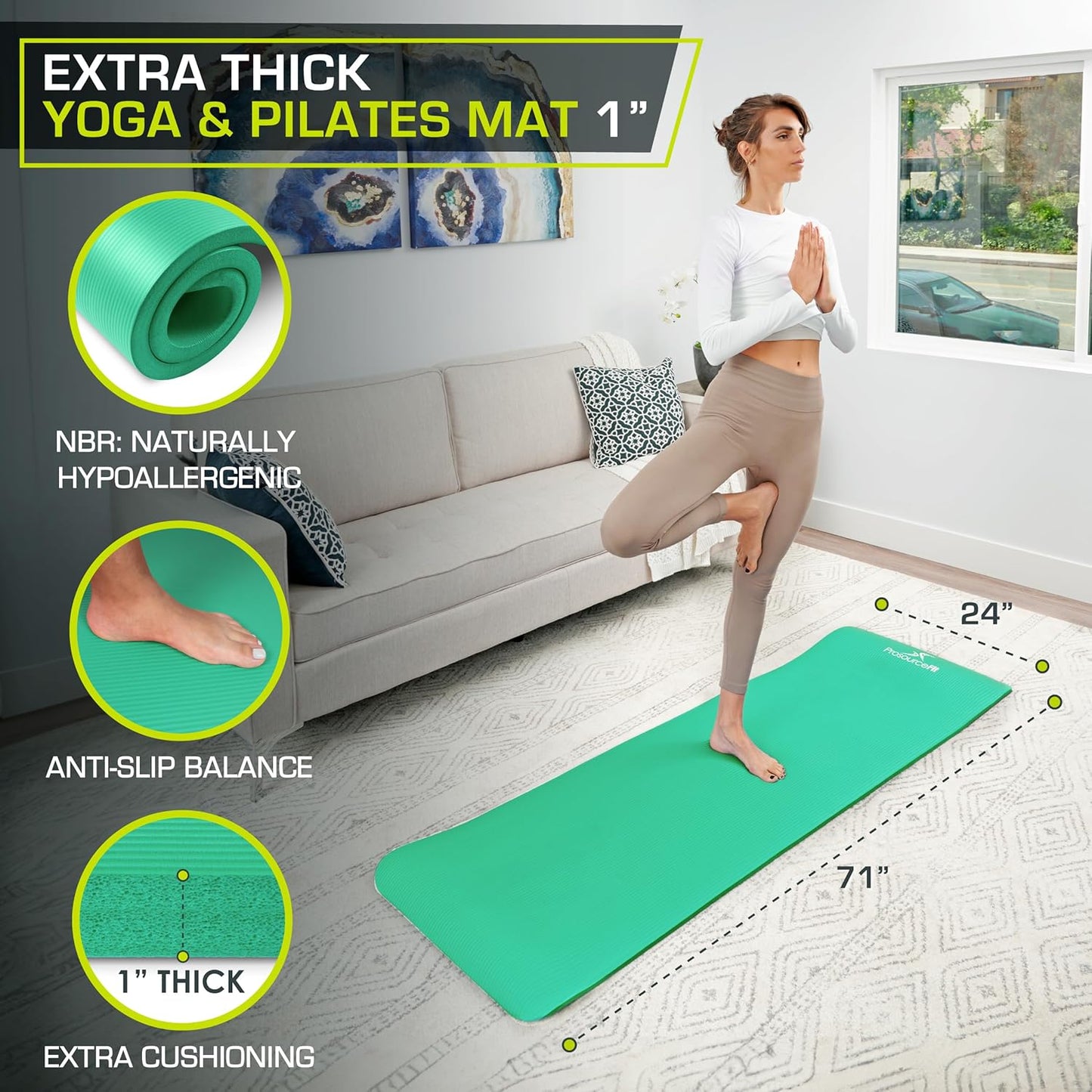 Extra Thick ½” Yoga & Pilates Mat - 71” High Density Foam with Carrying Strap