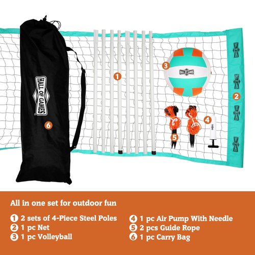 Hall of Games 20-ft Outdoor Volleyball Net and Carrying Bag Set with Adjustable Steel Poles and Official Size Volleyball Perfect for Backyards