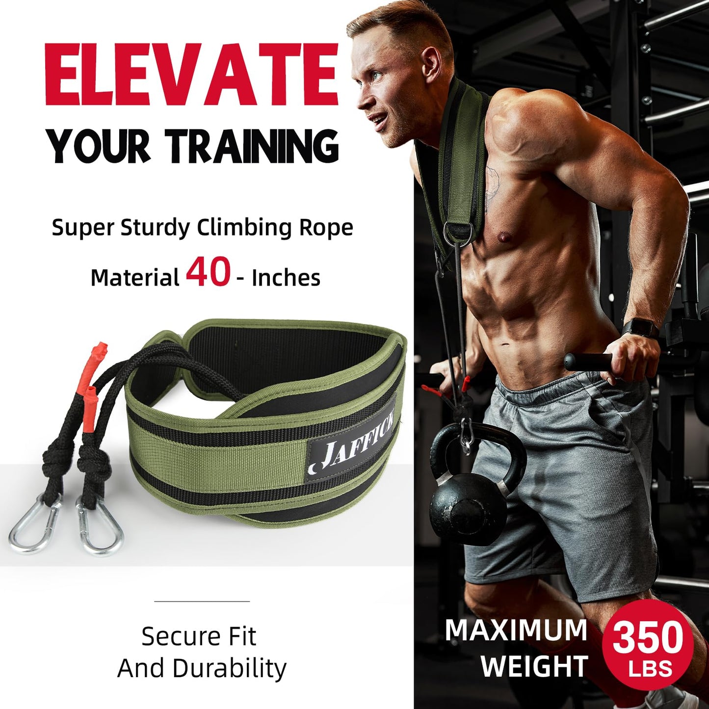 Jaffick Dip Belt of Premium Nylon Support, Gym Lifting Workout Belt for Men Women Powerlifting Weightlifting Pull Ups, Dips - 39" Heavy Duty Steel Chain and 41" Rope for Added Weight Training