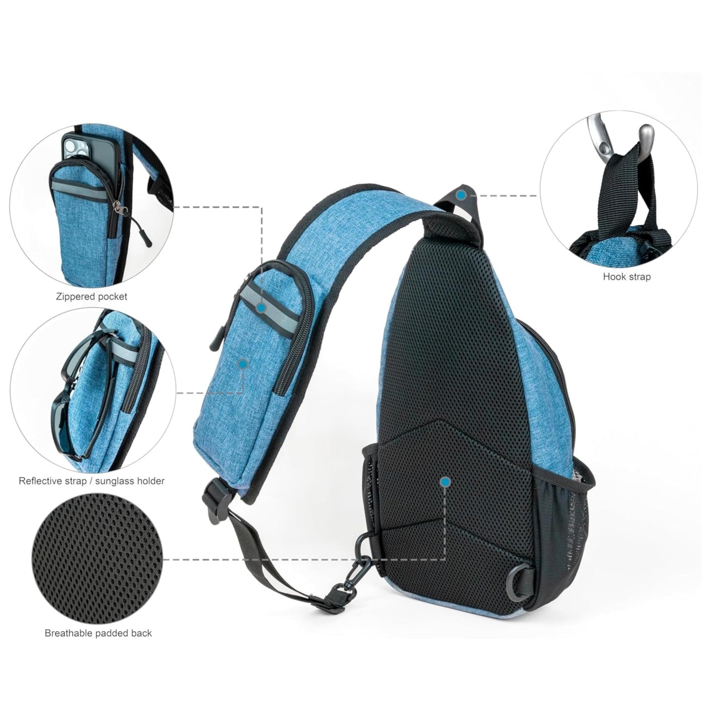 JERSEY RIDGE Crossbody Sling Bag – Anti-Theft Carryall Daypack Backpack with Adjustable Chest Strap for Travel or Hiking (Blue)