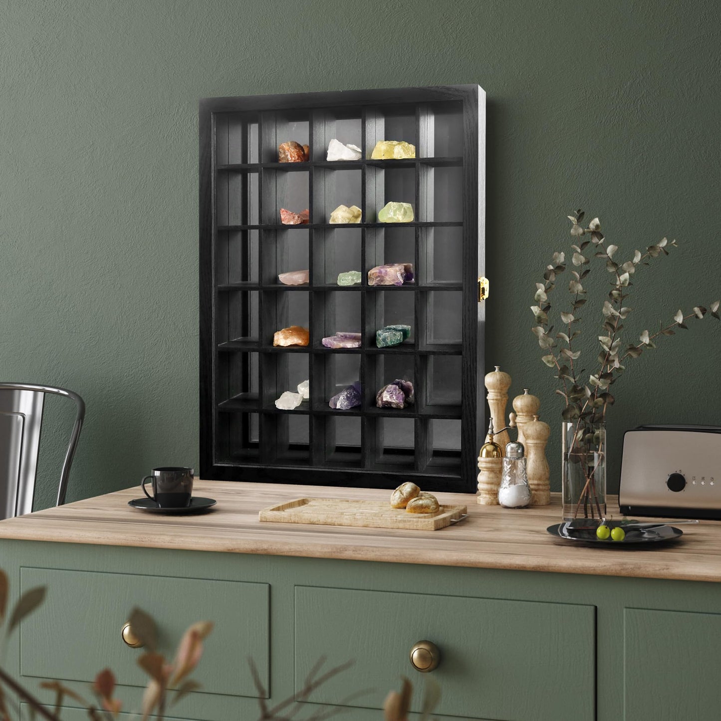 FramePro Black Shot Glass Display Case 30 Slots with Mirror Background Large Wooden Cabinet Rack Holder Mini Helmet Collection Wall Mounted Shadow Box Lockable with Tempered Glass Door 15.5*20 Inches